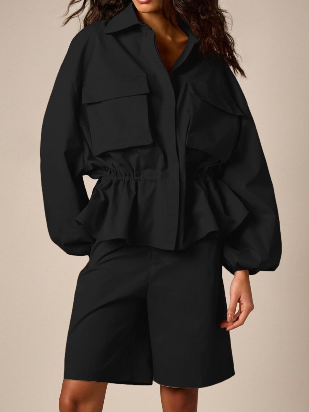 Black Casual Women's Oversized Peplum Shirt with Balloon Sleeves Cargo Pockets
